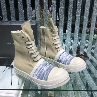 Rick Owens Beige Blue High-Top Canvas And Satin Panel Ankle Boots