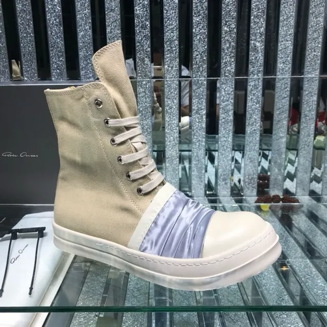 Rick Owens Beige Blue High-Top Canvas And Satin Panel Ankle Boots 3