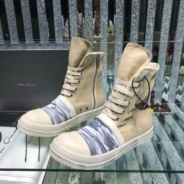 Rick Owens Beige Blue High-Top Canvas And Satin Panel Ankle Boots 4