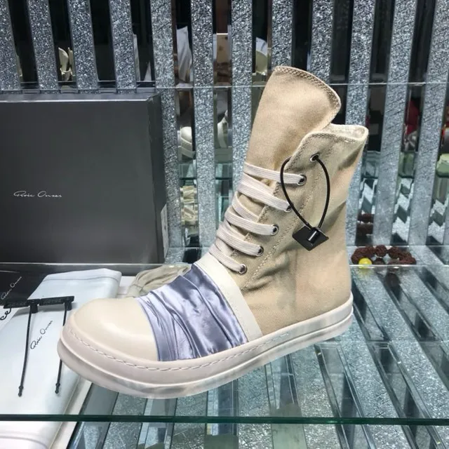 Rick Owens Beige Blue High-Top Canvas And Satin Panel Ankle Boots 5