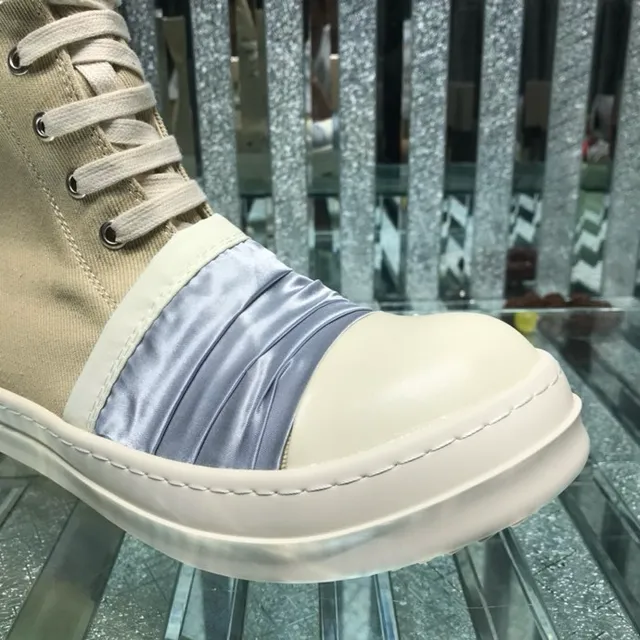 Rick Owens Beige Blue High-Top Canvas And Satin Panel Ankle Boots 6