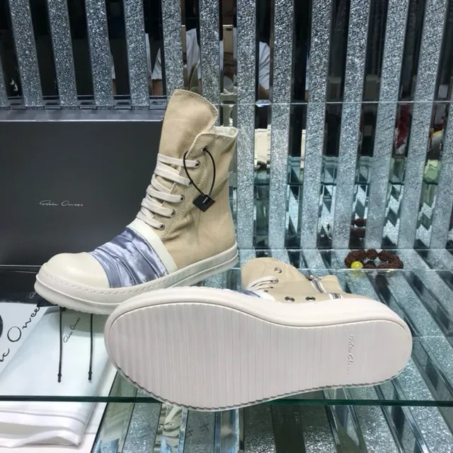 Rick Owens Beige Blue High-Top Canvas And Satin Panel Ankle Boots 8