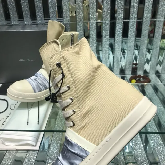 Rick Owens Beige Blue High-Top Canvas And Satin Panel Ankle Boots 9