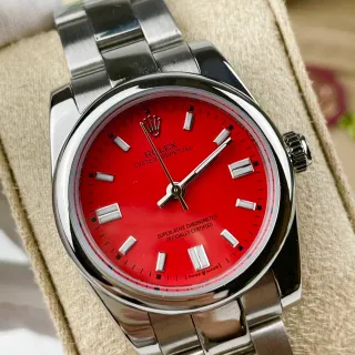 Rolex Oyster Perpetual Red Dial Stainless Steel Mechanical Watch