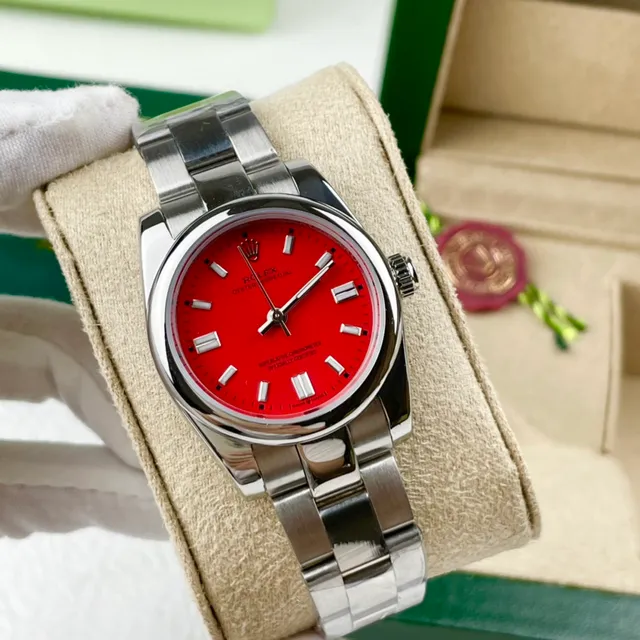 Rolex Oyster Perpetual mostrador vermelho aço inoxidável relógio mecânico 4
