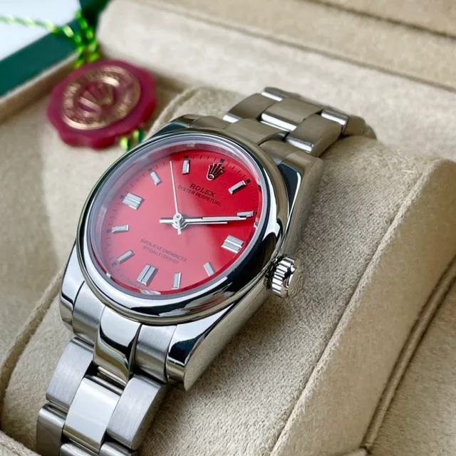 Rolex Oyster Perpetual mostrador vermelho aço inoxidável relógio mecânico 5