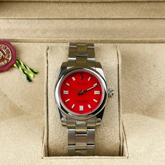 Rolex Oyster Perpetual mostrador vermelho aço inoxidável relógio mecânico 6