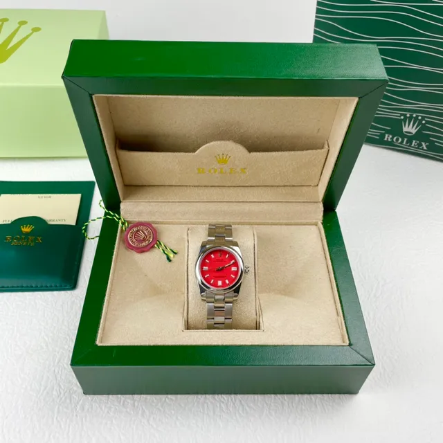 Rolex Oyster Perpetual mostrador vermelho aço inoxidável relógio mecânico 7