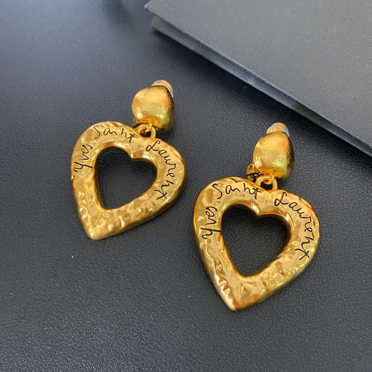 Saint Laurent Hammered Gold Engraved Heart Earrings 3