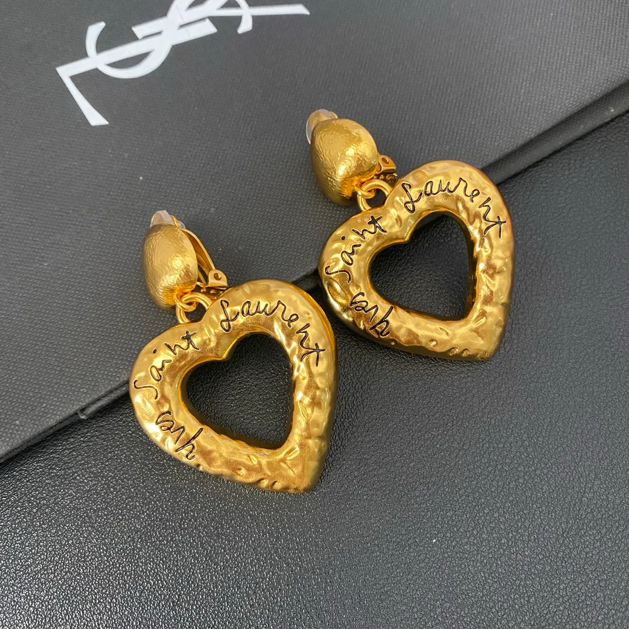 Saint Laurent Hammered Gold Engraved Heart Earrings 5