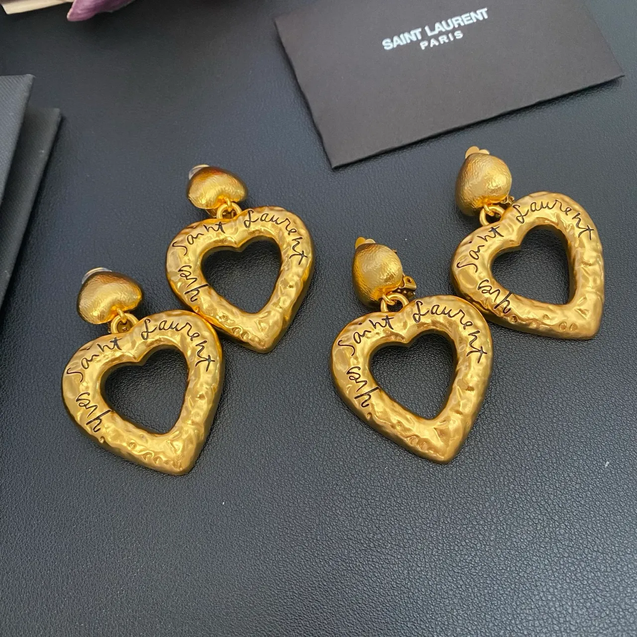 Saint Laurent Hammered Gold Engraved Heart Earrings 6