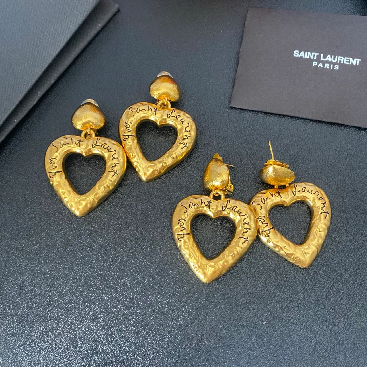 Saint Laurent Hammered Gold Engraved Heart Earrings 7