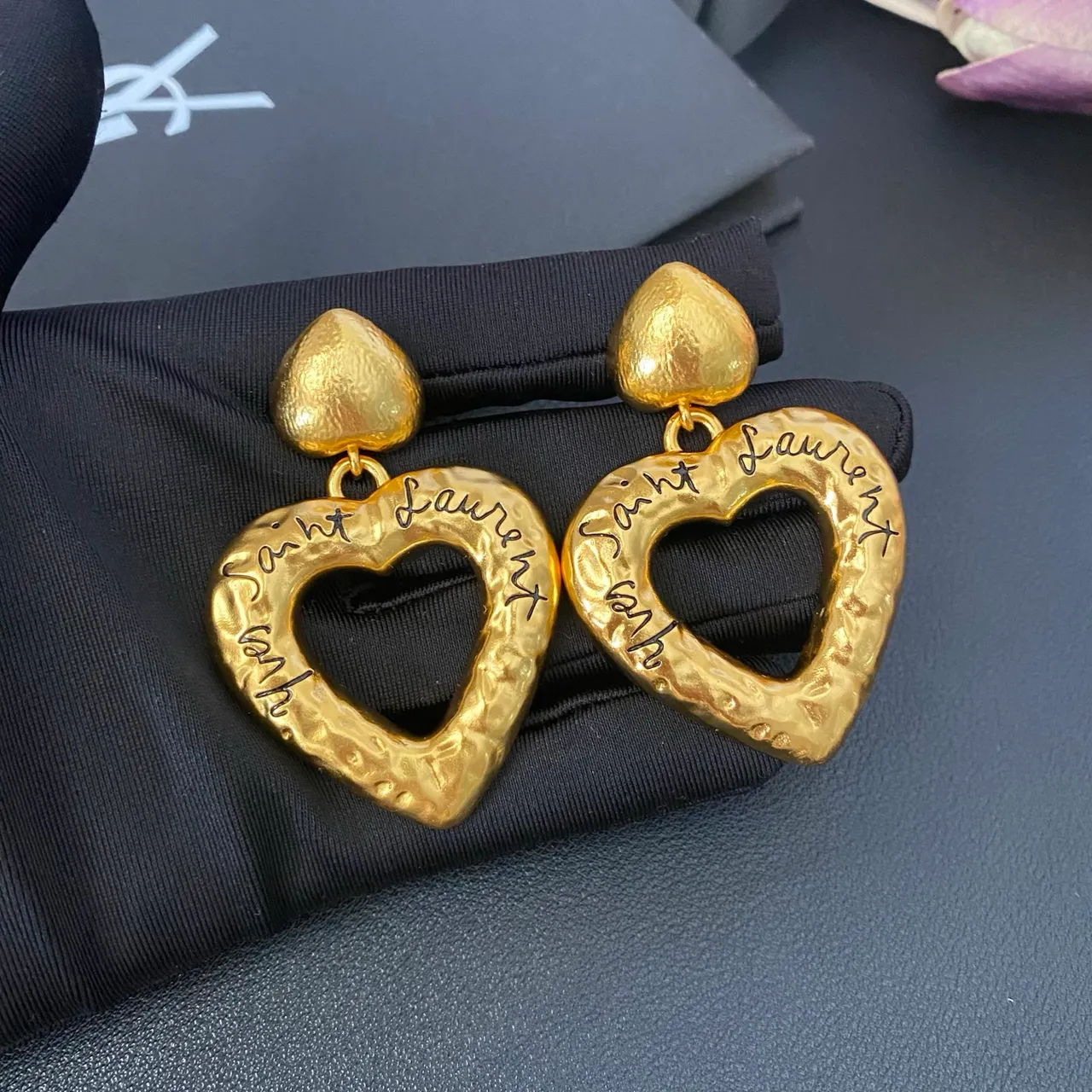 Saint Laurent Hammered Gold Engraved Heart Earrings 8
