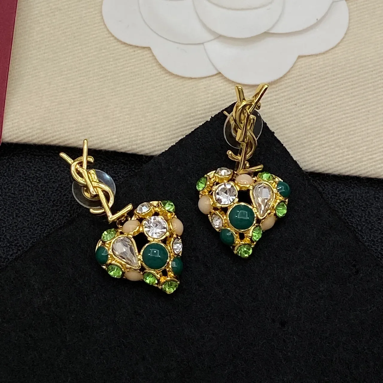 Saint Laurent Heart-Shaped Multi-Gemstone YSL Monogram Earrings 2