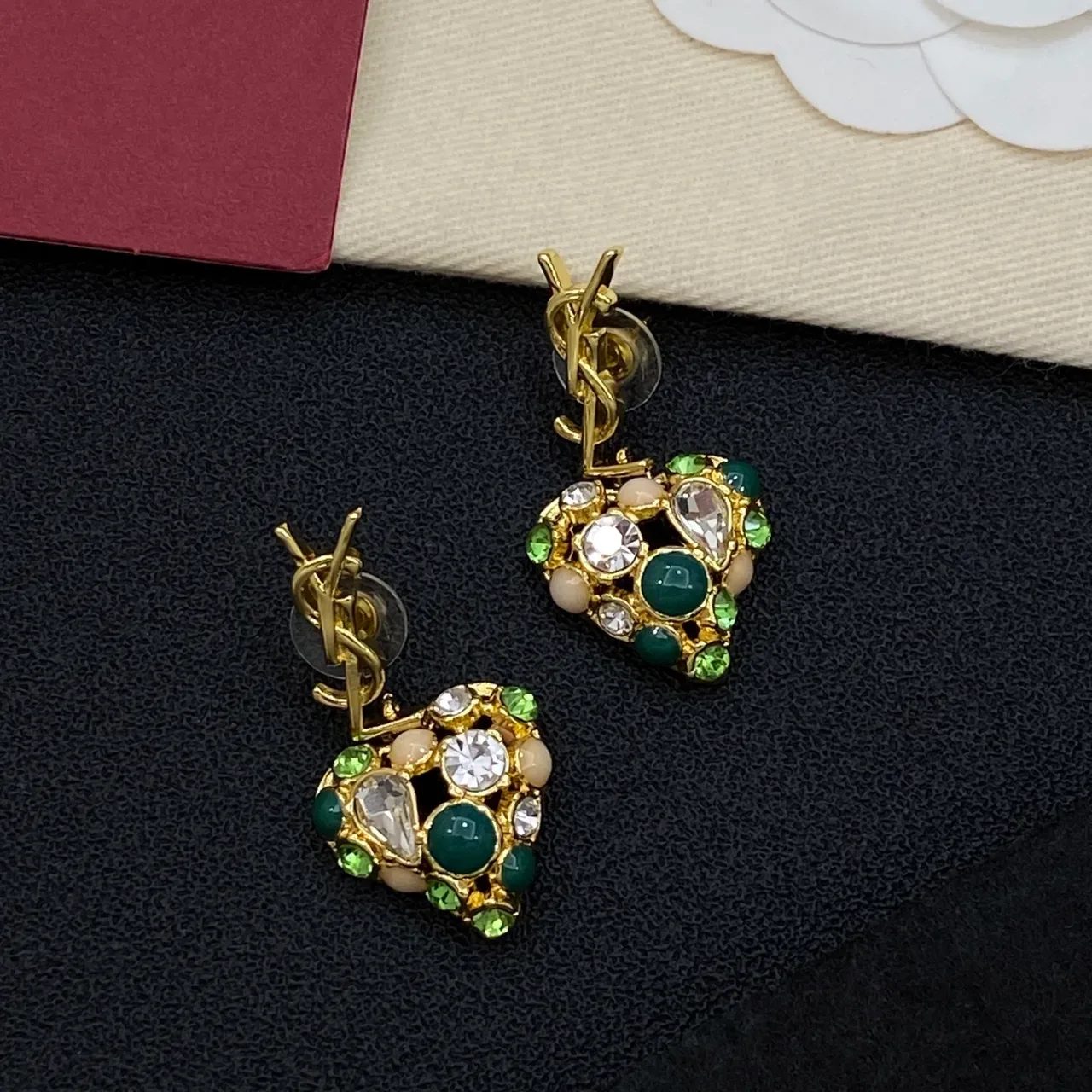 Saint Laurent Heart-Shaped Multi-Gemstone YSL Monogram Earrings 4