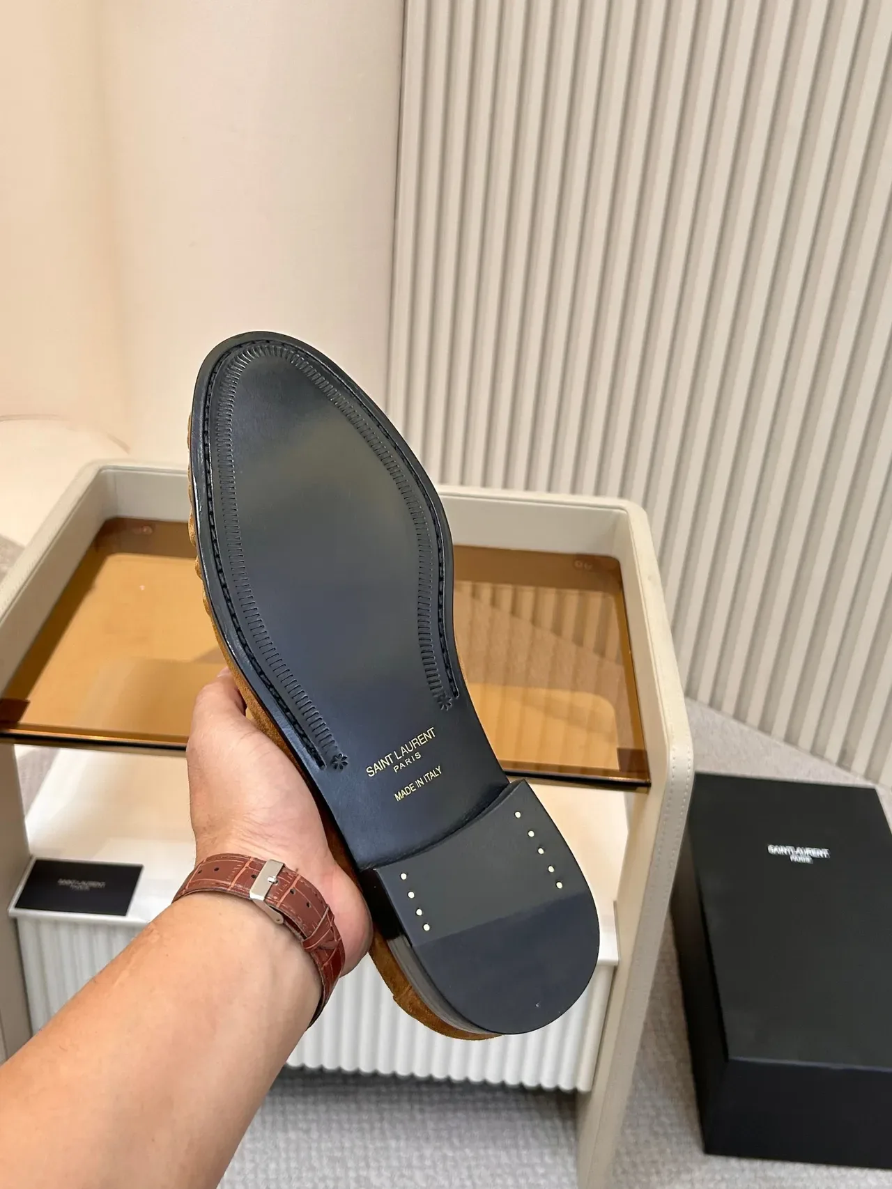 Saint Laurent Loafer Brown Black Suede Upper Pleated Vamp Loafer 2