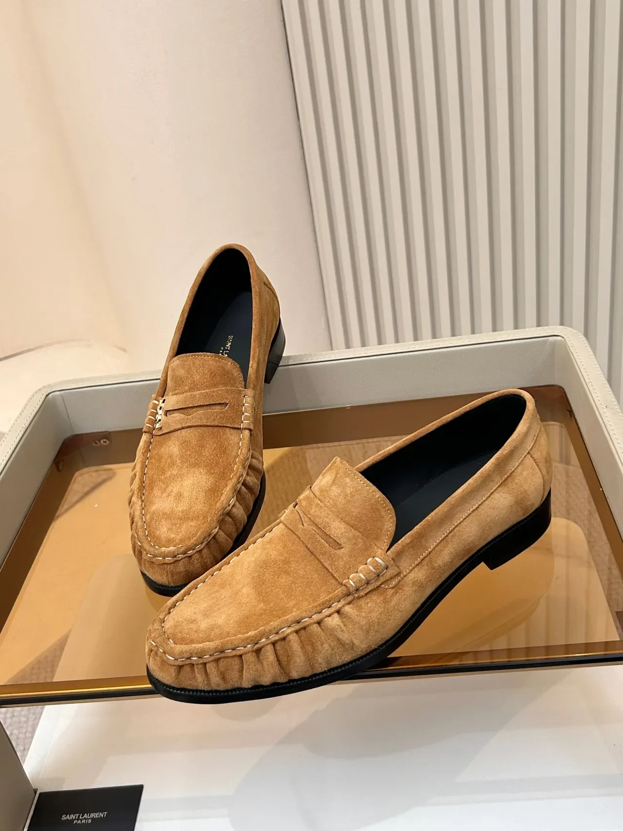 Saint Laurent Loafer Brown Black Suede Upper Pleated Vamp Loafer 4