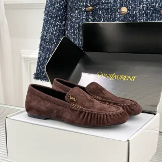 Saint Laurent Loafer Brown Suede Gold Logo Loafers