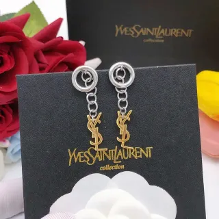 سان لوران Monogram Chain-Dangle فضي ذهبي أقراط مزدوجة الحلقة مسامير