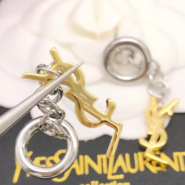 Saint Laurent Monogram Chain-Dangle Silver Gold Double-Ring Stud Earrings 2