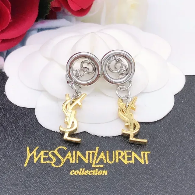 Saint Laurent Monogram Chain-Dangle Silver Gold Double-Ring Stud Earrings 3