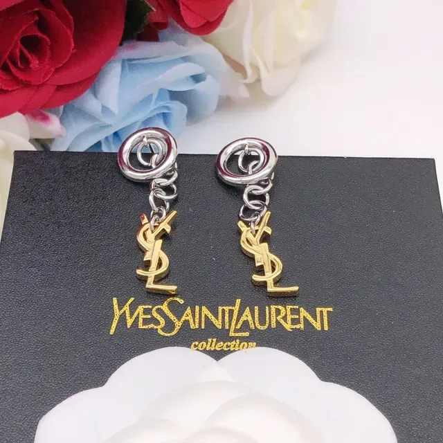 Saint Laurent Monogram Chain-Dangle Silver Gold Double-Ring Stud Earrings 4