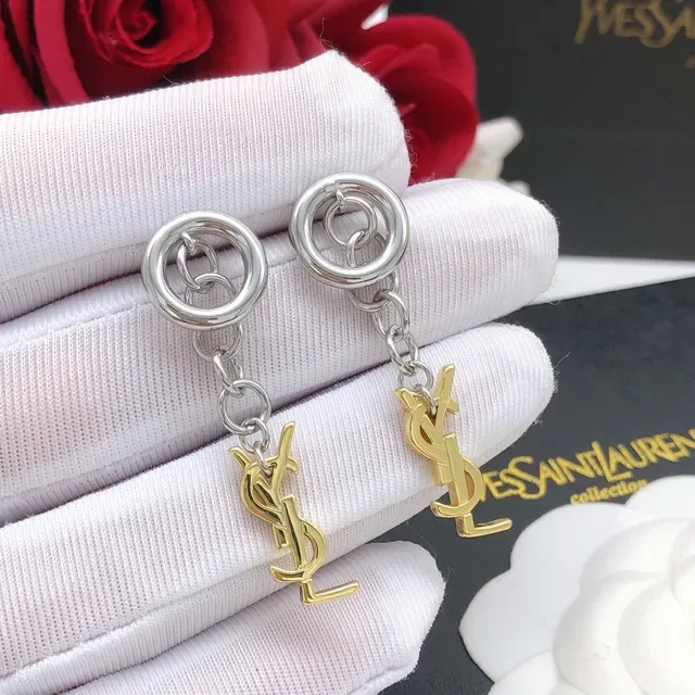 Saint Laurent Monogram Chain-Dangle Silver Gold Double-Ring Stud Earrings 7