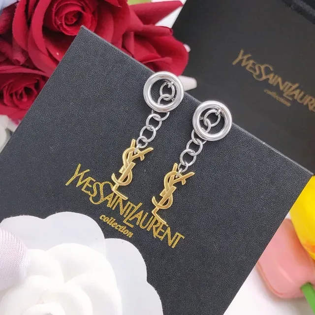 Saint Laurent Monogram Chain-Dangle Silver Gold Double-Ring Stud Earrings 8
