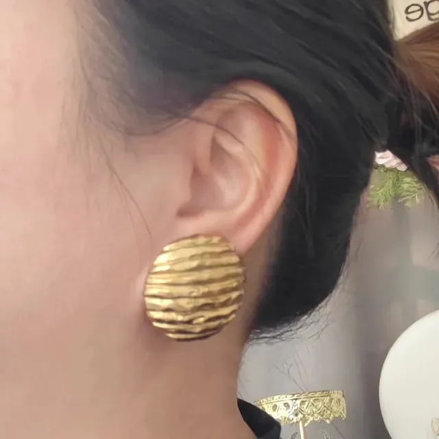 Saint Laurent Textured Ribbed Gold Spherical Earrings 3