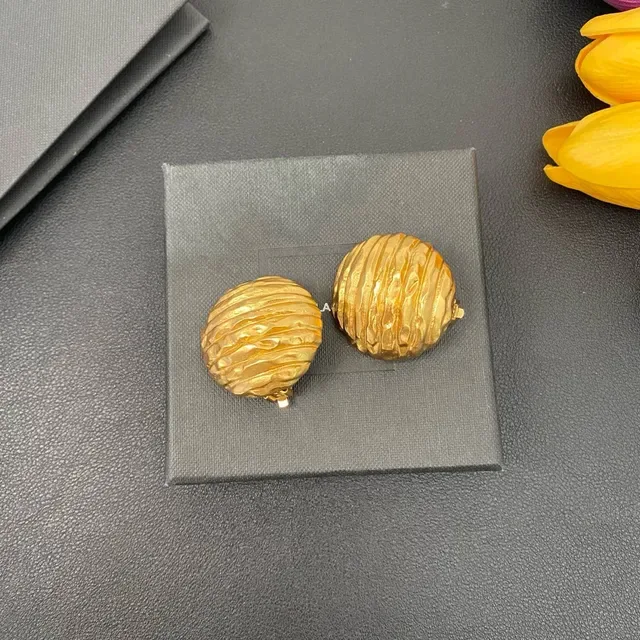 Saint Laurent Textured Ribbed Gold Spherical Earrings 6