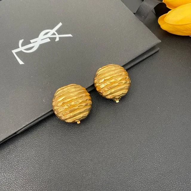 Saint Laurent Textured Ribbed Gold Spherical Earrings 7