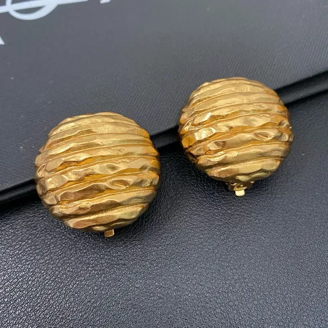 Saint Laurent Textured Ribbed Gold Spherical Earrings 10
