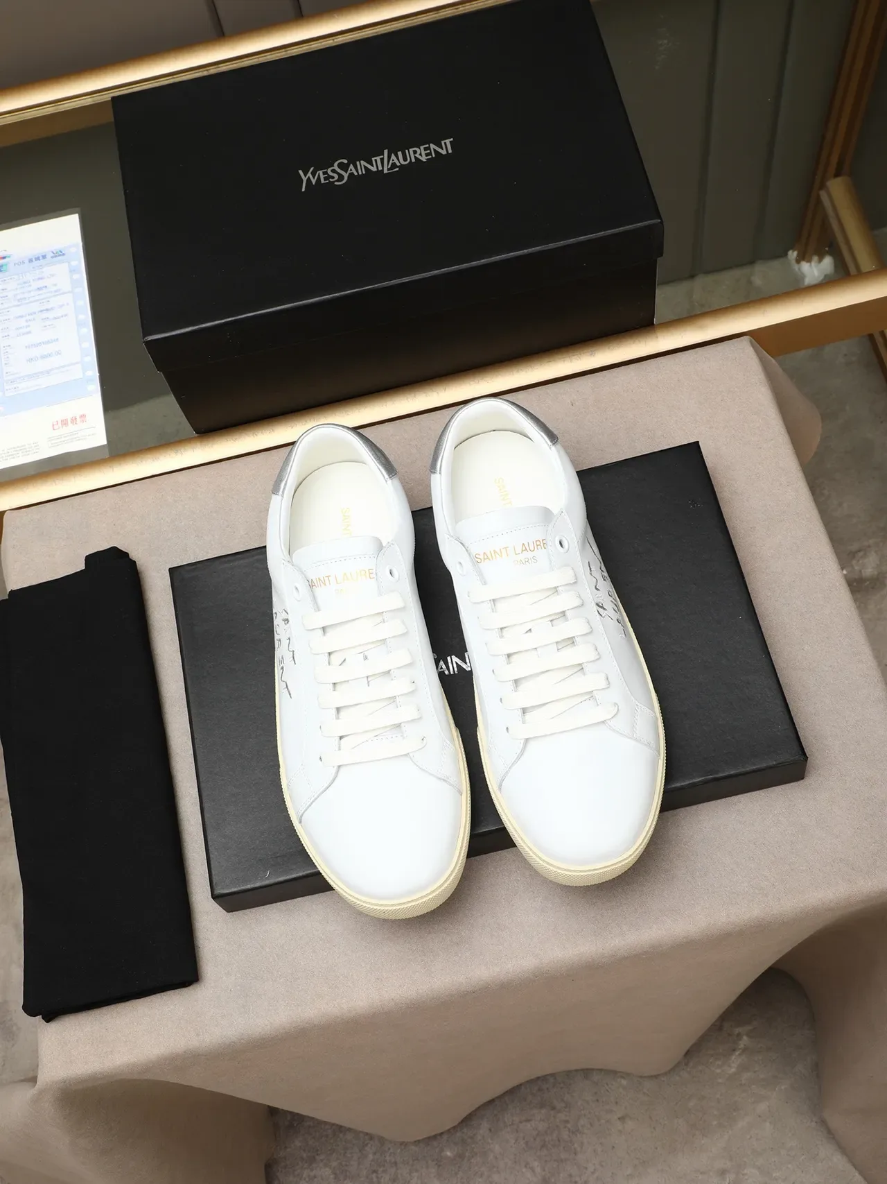 Saint Laurent White Beige Leather Embroidered Logo Lifestyle Sneakers 3