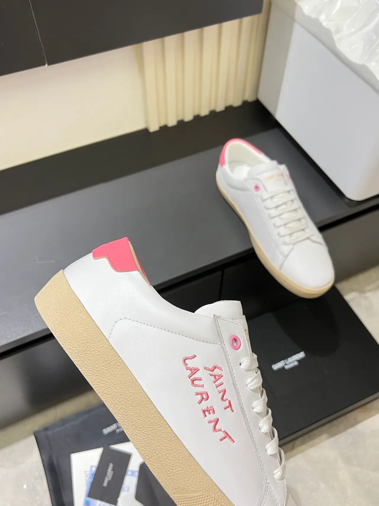 Saint Laurent White Pink Leather Upper Embroidered Logo Lifestyle Sneakers 3
