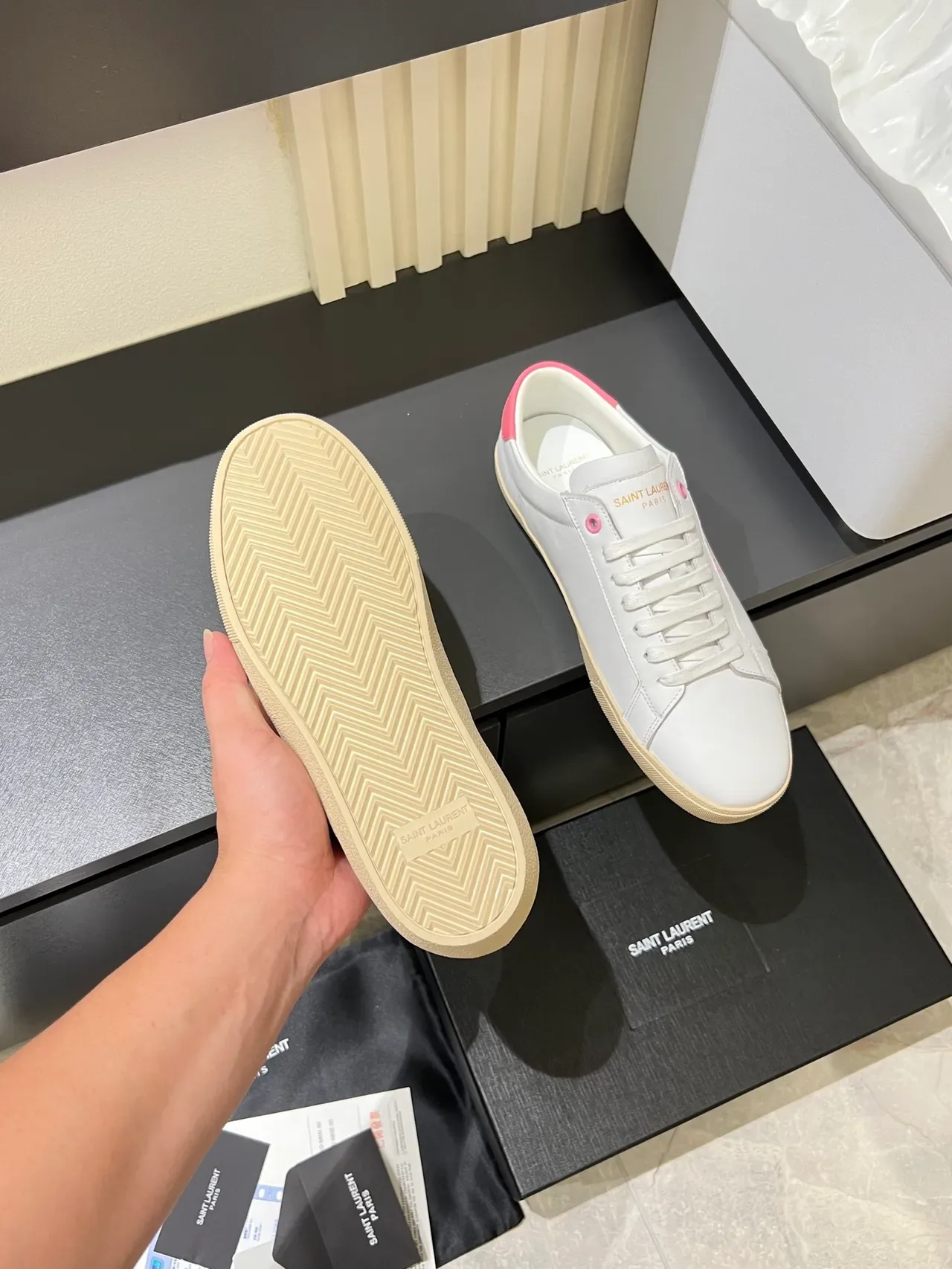 Saint Laurent White Pink Leather Upper Embroidered Logo Lifestyle Sneakers 4