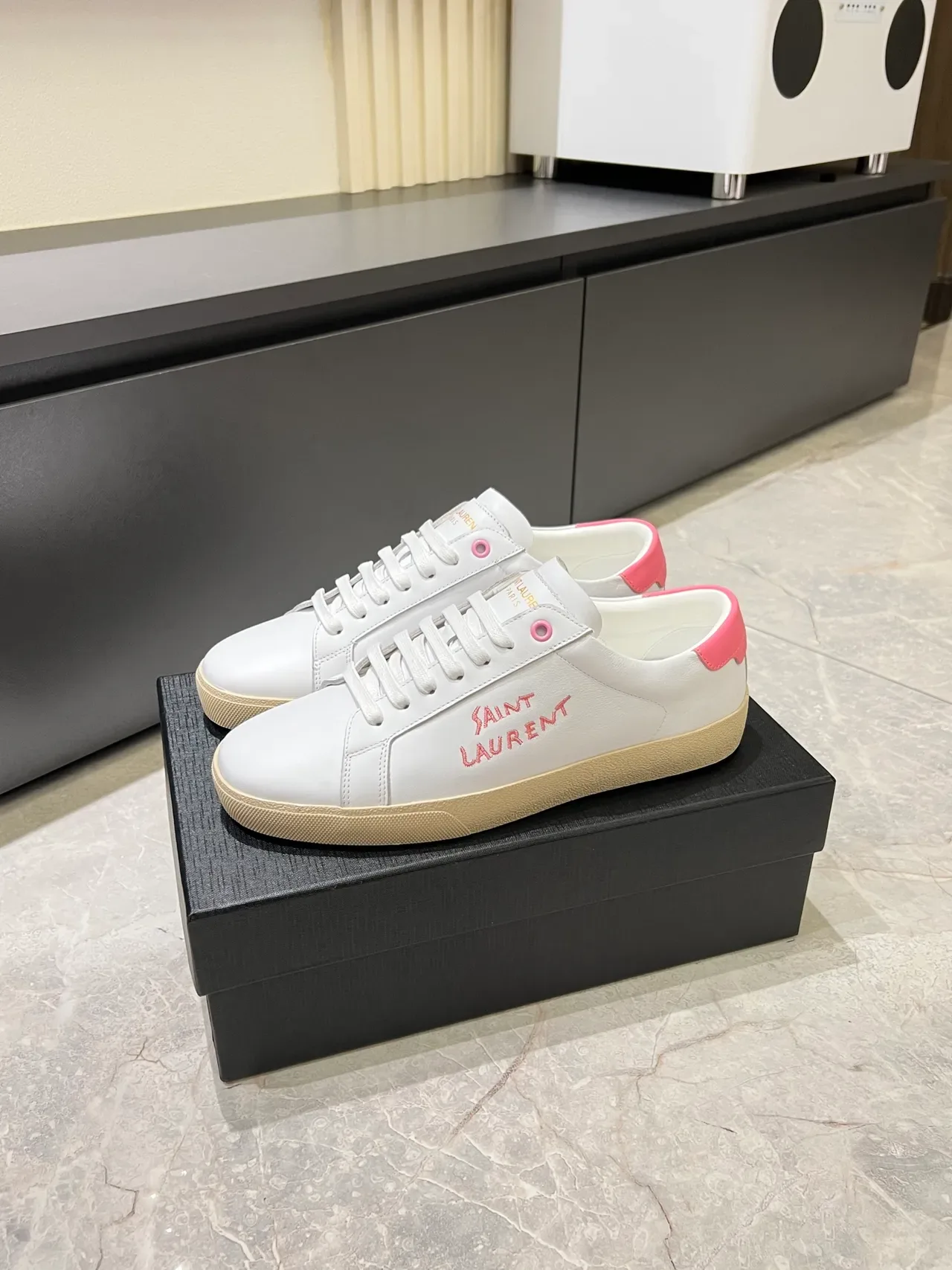 Saint Laurent White Pink Leather Upper Embroidered Logo Lifestyle Sneakers 5