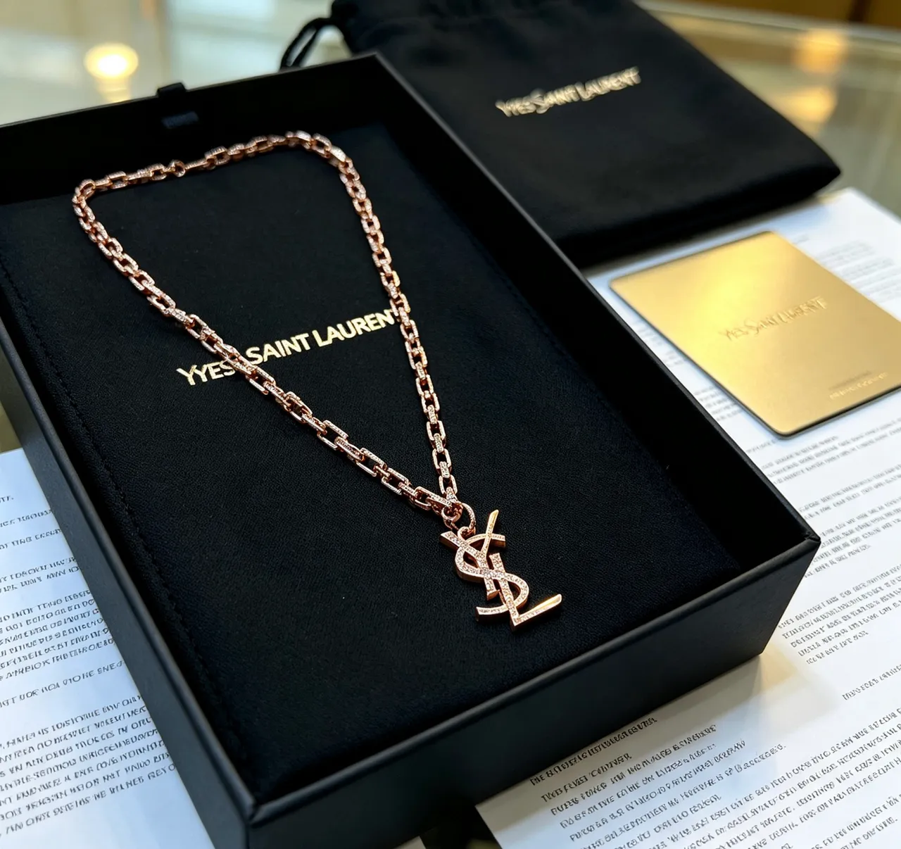 Saint Laurent YSL Collier Chaîne Or Rose Pavé Cristal 2