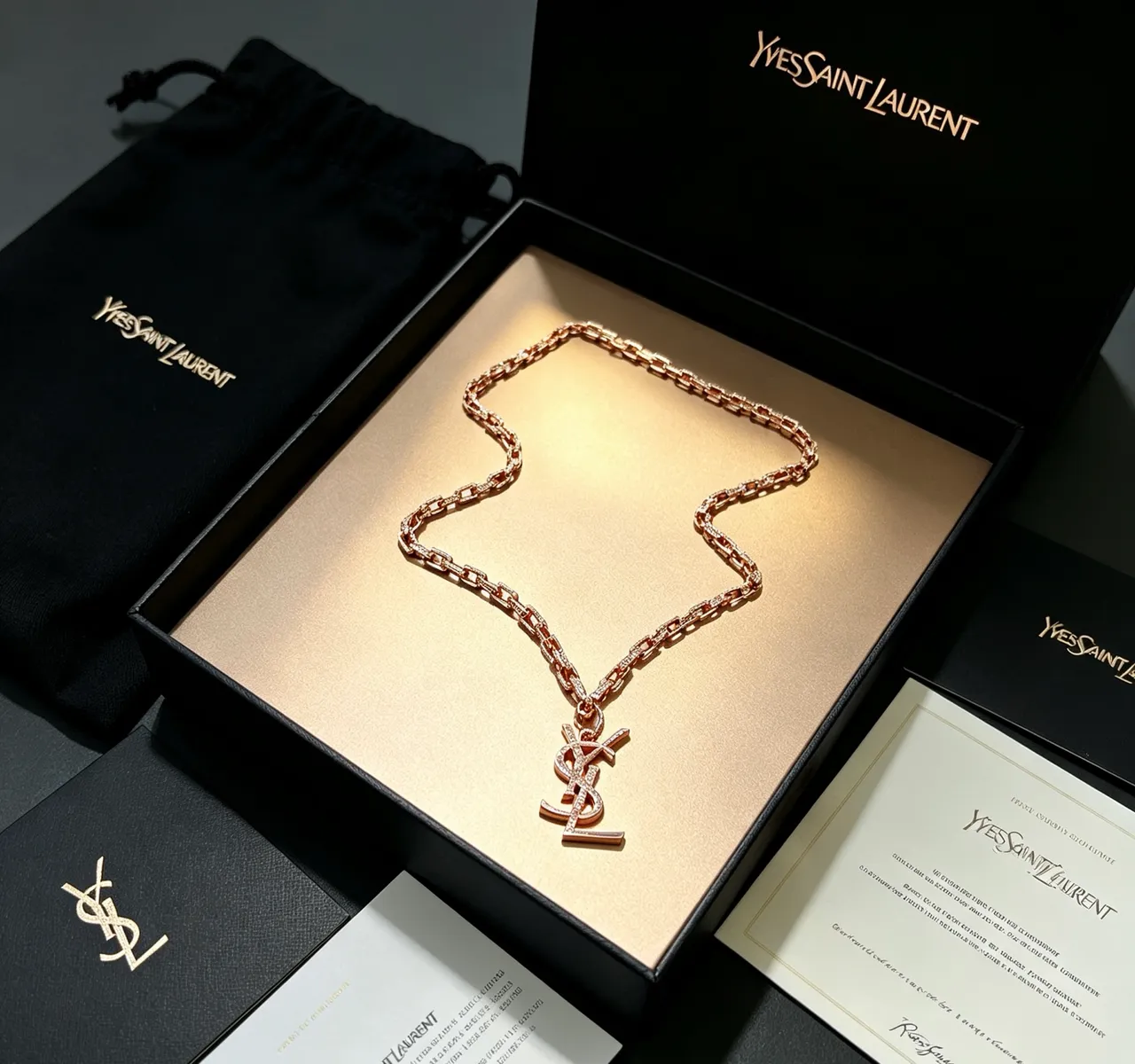 Saint Laurent YSL Collier Chaîne Or Rose Pavé Cristal 4