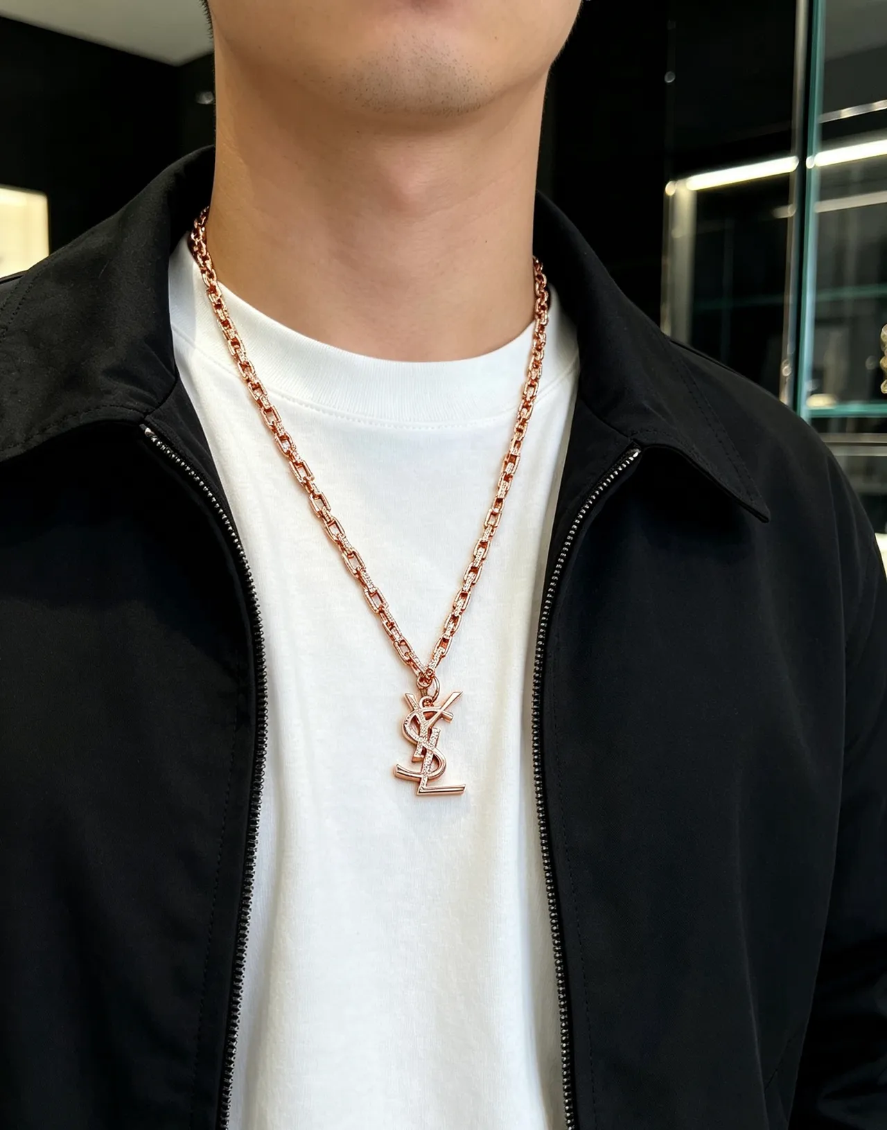 Saint Laurent YSL Collier Chaîne Or Rose Pavé Cristal 5