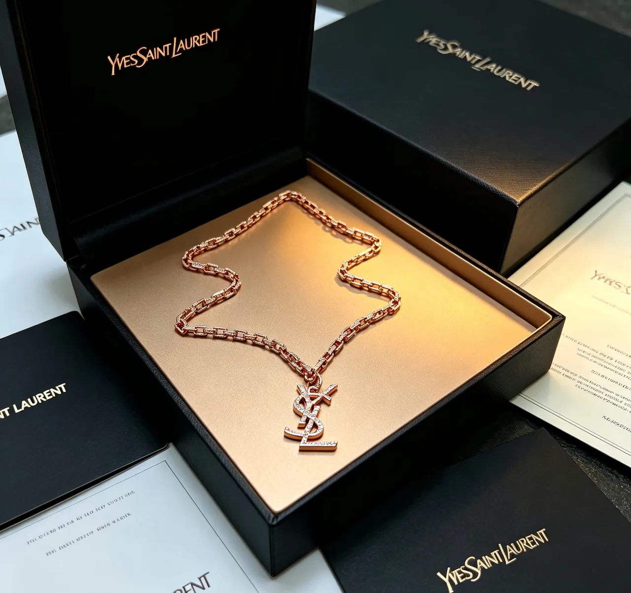 Saint Laurent YSL Collier Chaîne Or Rose Pavé Cristal 7