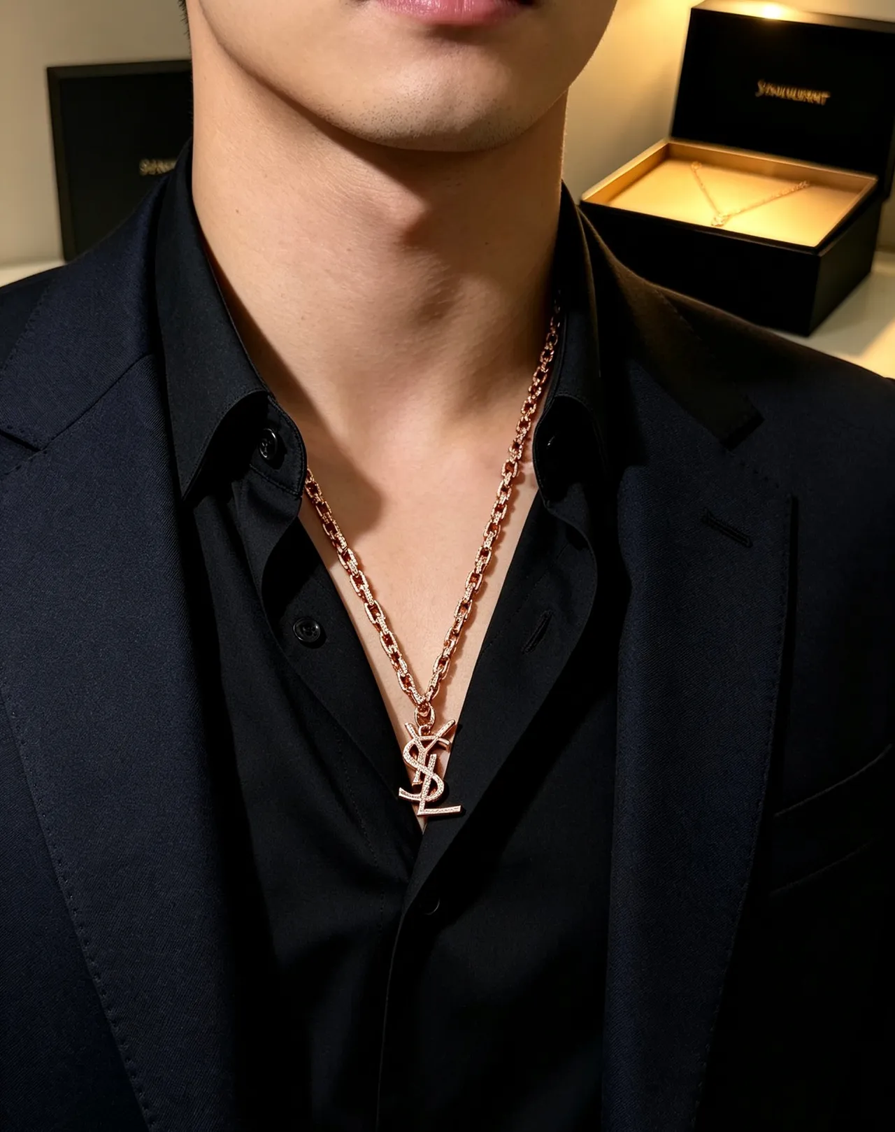 Saint Laurent YSL Collier Chaîne Or Rose Pavé Cristal 8