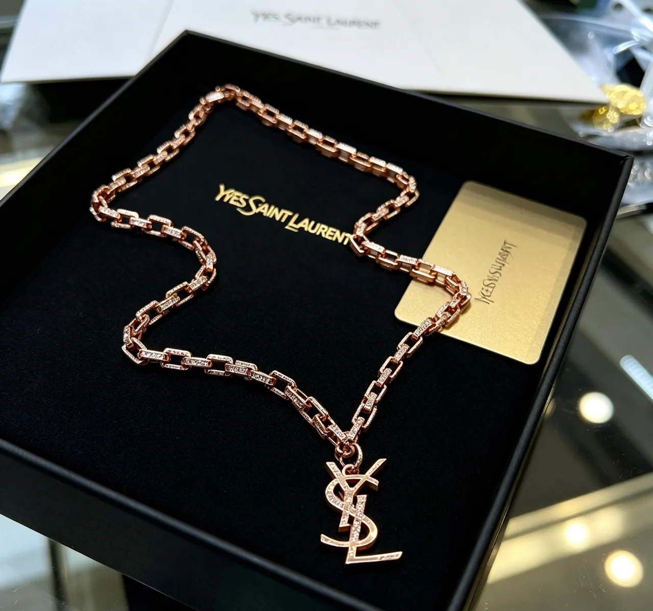 Saint Laurent YSL Collier Chaîne Or Rose Pavé Cristal 9