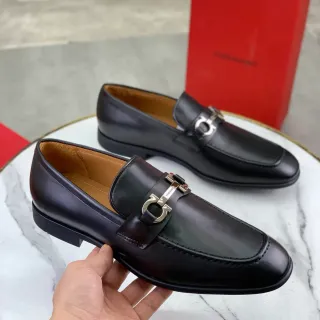 Salvatore Ferragamo Gancini Loafer Black Leather Square Toe Loafers