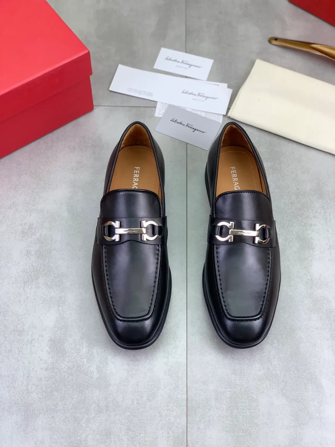 Salvatore Ferragamo Gancini Loafer Black Leather Square Toe Loafers 4