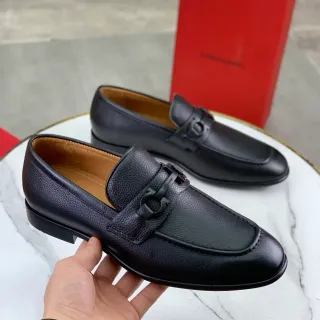 Salvatore Ferragamo Gancini Loafer Black Pebbled Leather Square Toe Loafers