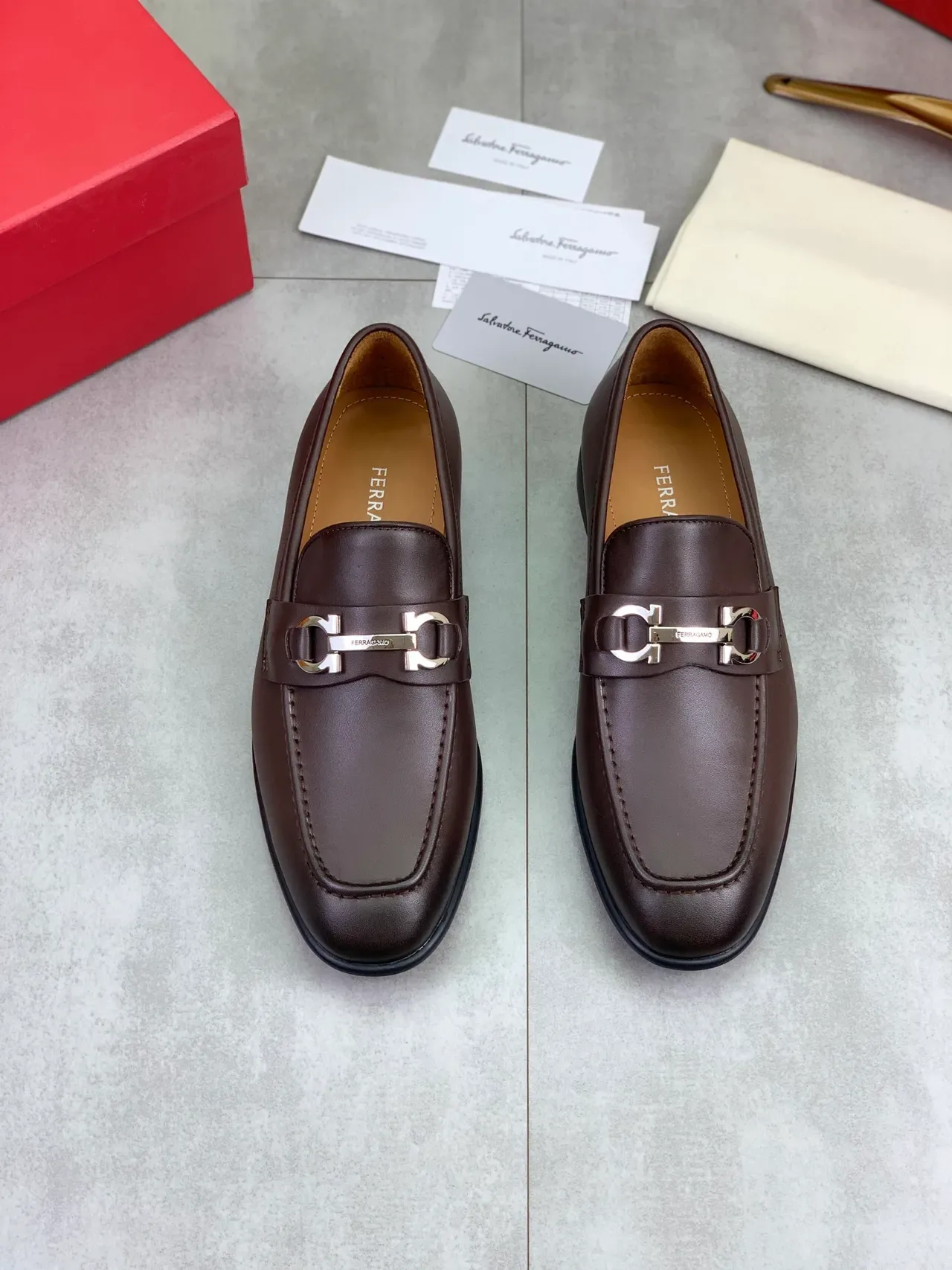 Salvatore Ferragamo Gancini Loafer Brown Leather Square Toe Loafers 4