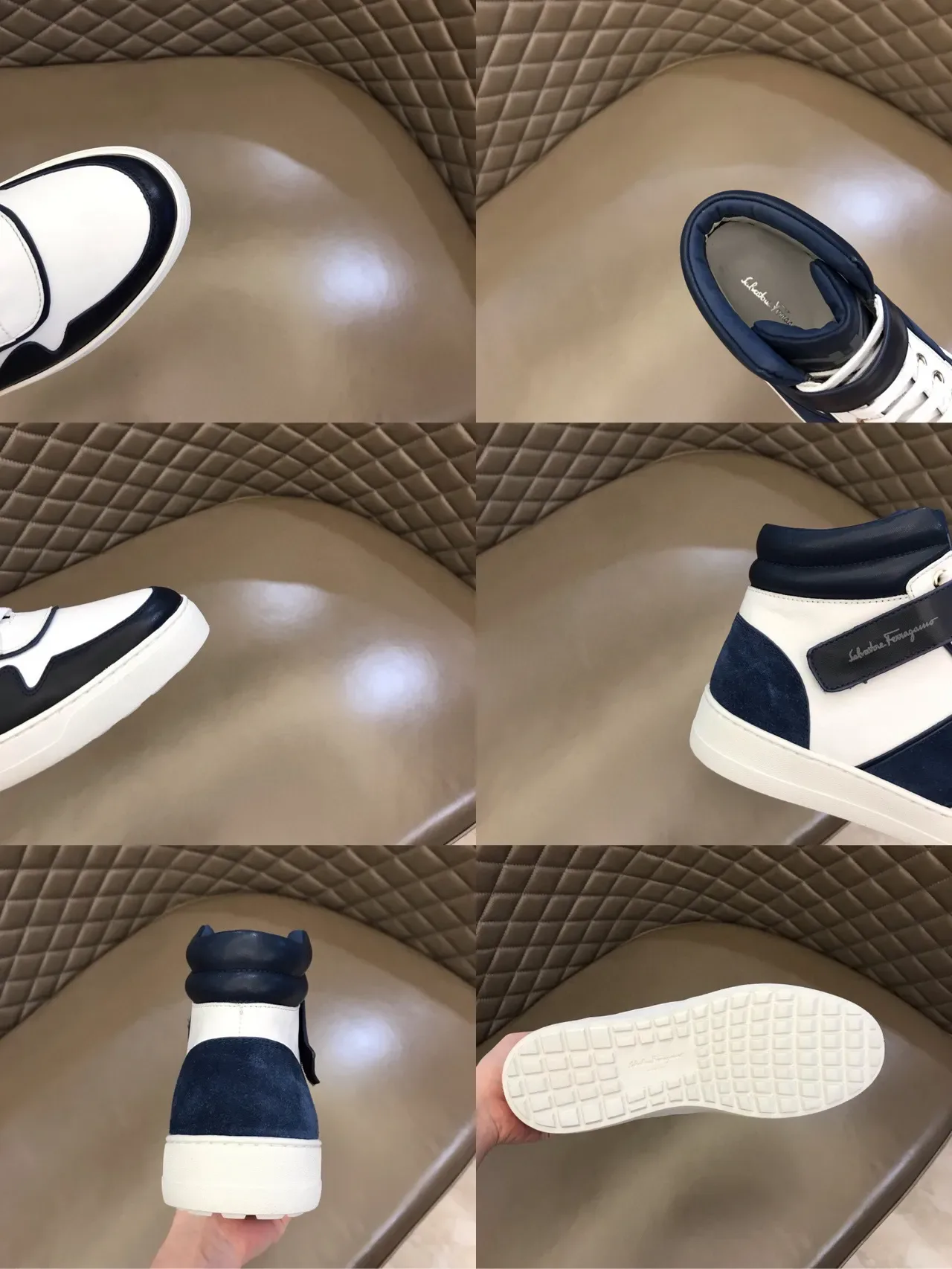 Salvatore Ferragamo White and Navy High-Top Strap Sneakers 2
