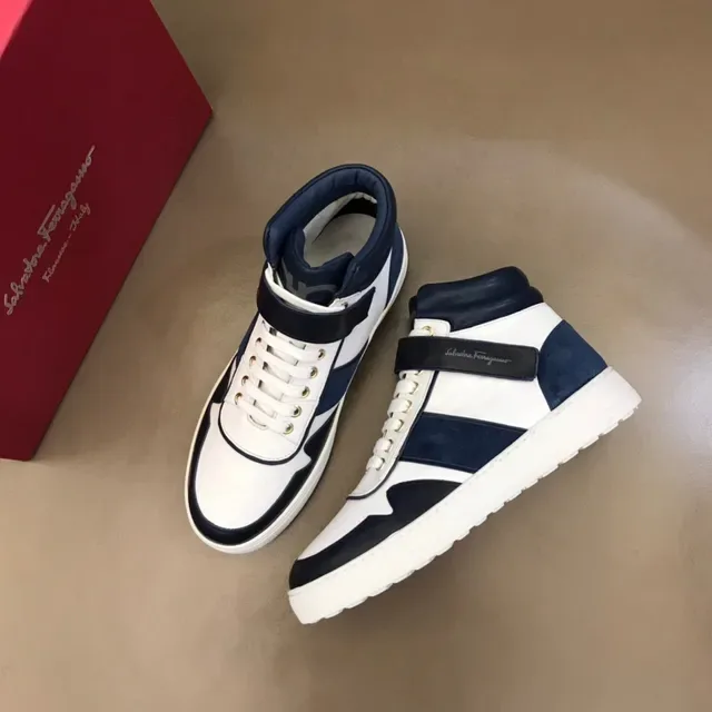 Salvatore Ferragamo White and Navy High-Top Strap Sneakers 3