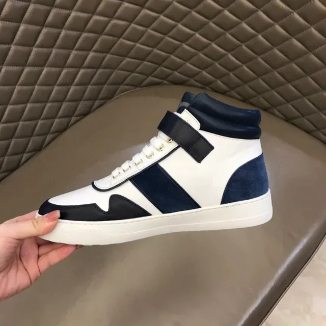 Salvatore Ferragamo White and Navy High-Top Strap Sneakers 4