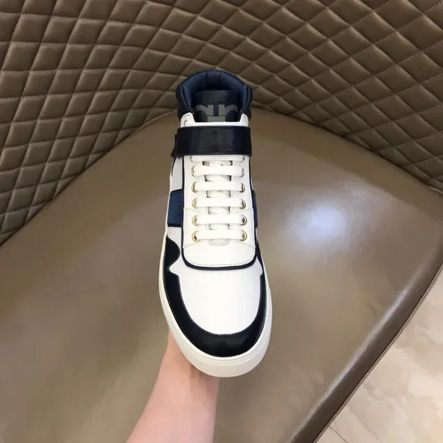 Salvatore Ferragamo White and Navy High-Top Strap Sneakers 5